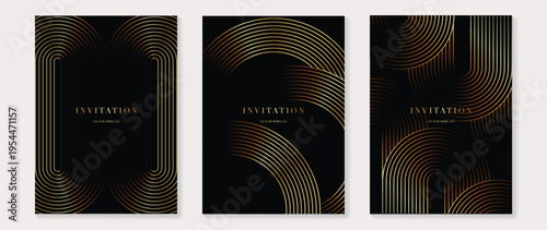Foto Luxury invitation vector with black background and bronze gold rounded geometric line pattern