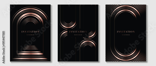 Luxury invitation card vector with black background and rose gold rounded arch lines. Elegant premium layout for gala event, wedding invitation, brand launch, and formal celebration.
