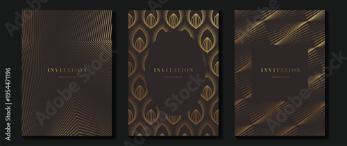 Elegant invitation card vector with black and bronze gold linear patterns. Luxury Art Deco design for gala night, wedding invitation, premium event branding, and formal celebration stationery.