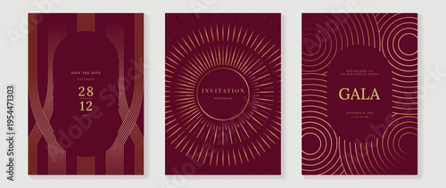 Luxury invitation vector with burgundy, plum, and rose gold geometric line pattern. Elegant premium card design for gala event, wedding invitation, celebration, and luxury branding.