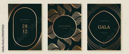 Luxury gala invitation vector with deep green and gold oval floral line pattern. Elegant premium design for wedding card, brand event, formal celebration, and luxury stationery.