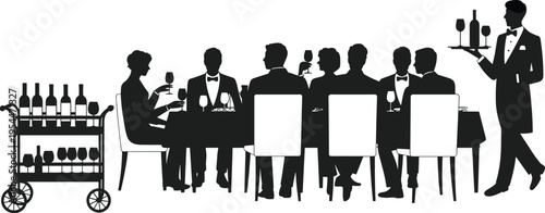 PrintFormal dining silhouette, elegant dinner party, waiter serving wine, luxury r