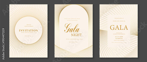 Luxury invitation vector with cream, beige, and soft gold geometric line pattern. Elegant minimal card design for wedding invitation, gala celebration, and premium brand stationery.