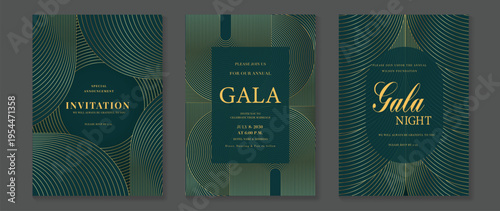 Cuadro en lienzo Gala night invitation vector with emerald green and gold circular line pattern