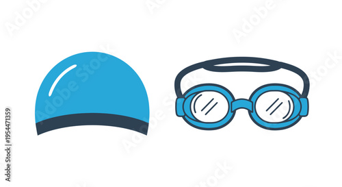 Swimming Cap and Goggles Vector Illustration, Flat Design Blue Swim Gear Icons Isolated on White Background for Sports and Fitness Concepts