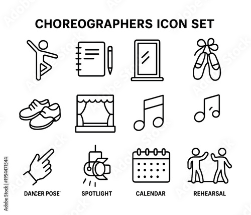 Choreographers icon set with dance shoes, music notes, and ballet poses