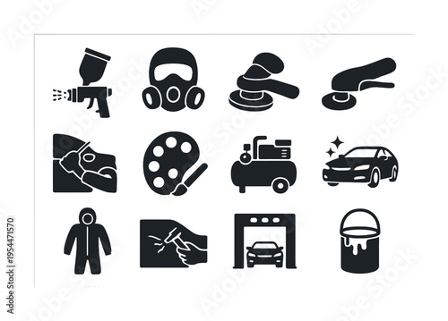 Auto painting and repair icons set: tools, equipment, and processes illustrated