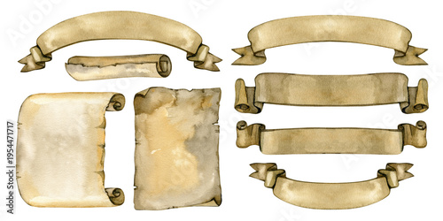 Comprehensive watercolor set of vintage parchment elements including arched banners, horizontal scrolls, and aged paper sheets with torn edges. Perfect for medieval maps, historical documents, and