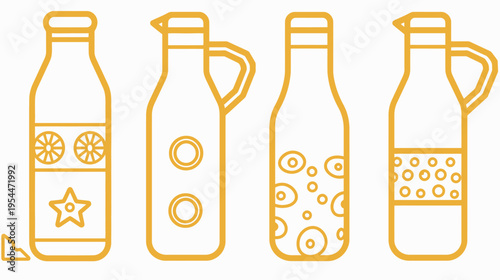 Four mustard-colored, outlined drink containers with different patterns and handles