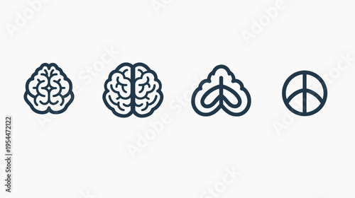 Four dark blue icons two brains, an abstract floral design, and a peace sign, on white