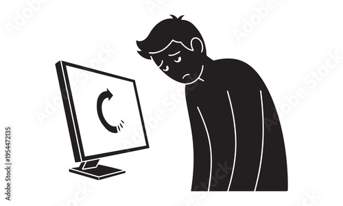 Sad person staring at computer screen with spinning loading icon, illustrating digital delays