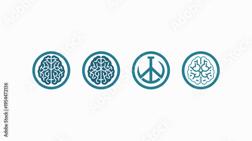 Teal icons of brains and a peace sign are isolated on a white background