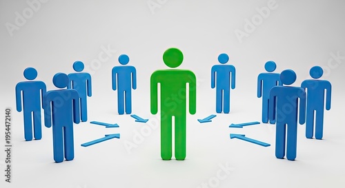 A digital illustration depicts a group of stylized stick figures arranged in a line. The figures are colored in shades of blue and green, with some individuals slightly overlapping.