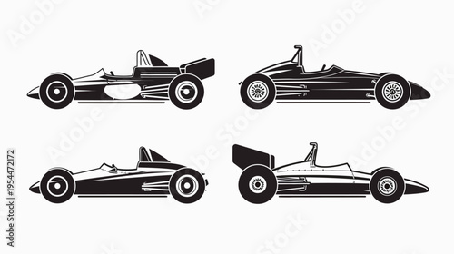 Four outlined racing cars, black, differing body styles, rendered in a simplistic, line-art style