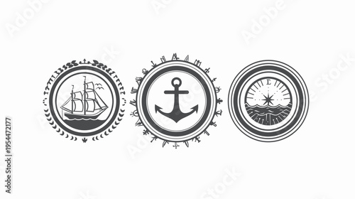 Three circular badges showing a ship, anchor, & compass with ornate edge details