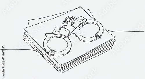 Handcuffs on top of stacked legal documents symbolizing law enforcement and justice system
