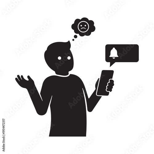 Man holds smartphone with notification bell icon, looking confused about social media or app alerts