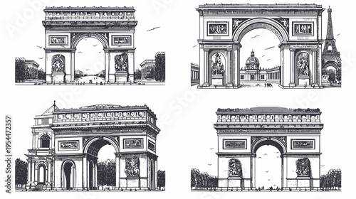 Four illustrations of arches, one with the Eiffel tower, in grayscale