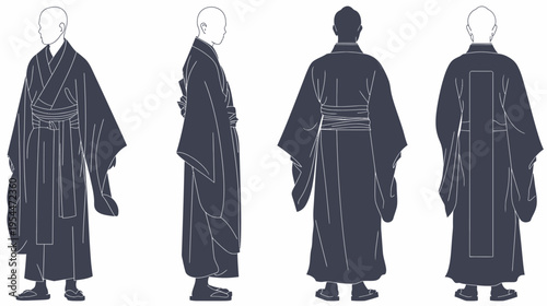 Monochromatic figures in traditional robes, posed from front, side, and back views