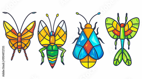Four insect illustrations with geometric, stained glass-like sections, varied color schemes