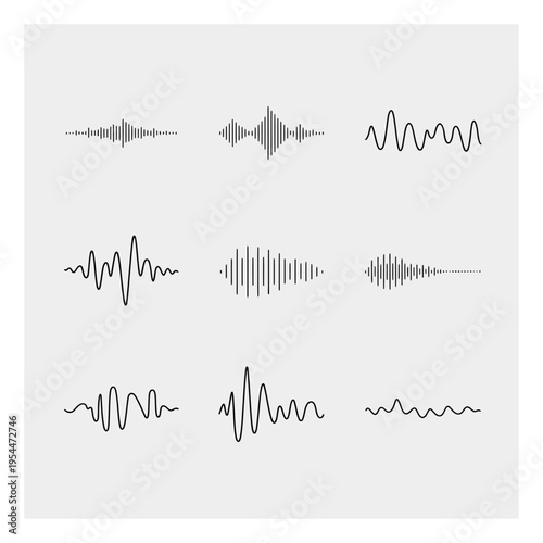 Collection of nine black sound wave on a light gray background