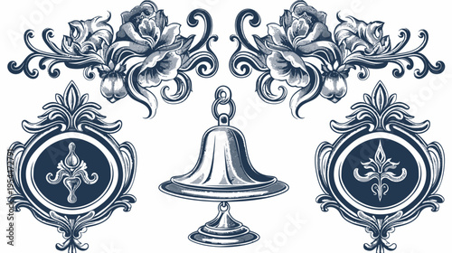 Decorative floral elements, heraldic frames, and a bell in elegant grey & blue shades