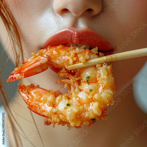 A hyper-realistic macro shot capturing a sensual, honey-drizzled tempura shrimp being eaten. The crispy texture contrasts vividly with glossy, wet lips.