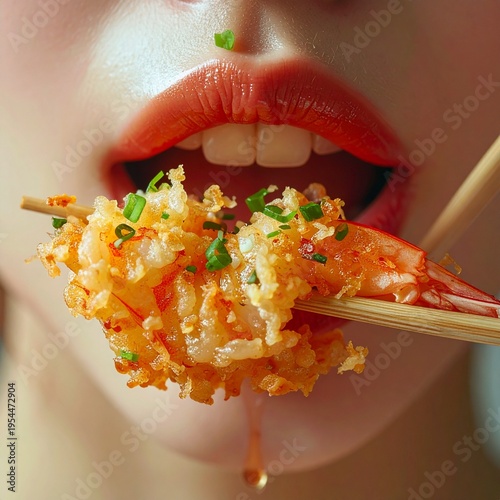 A hyper-realistic macro shot capturing a sensual, honey-drizzled tempura shrimp being eaten. The crispy texture contrasts vividly with glossy, wet lips.