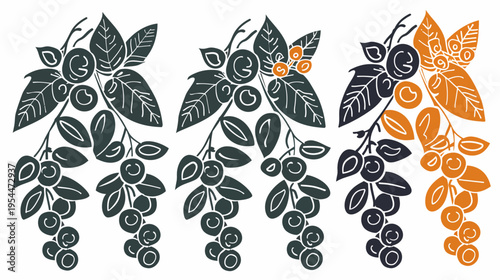Vector illustration of three berry bunches with foliage in dark green, navy, and orange