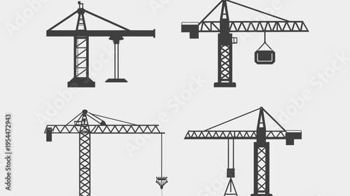 Four silhouette images of construction cranes in different styles on a white background