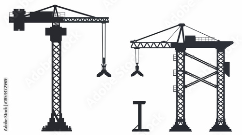Two construction cranes stand silhouetted, alongside one column, against a white background