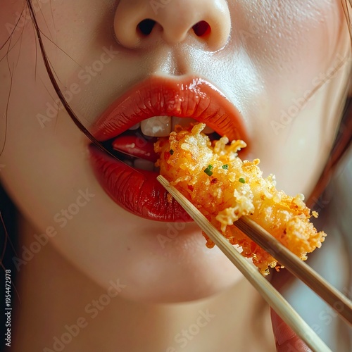 Lush red lips part for a perfect, crispy gold shrimp tempura bite. Food as art, a moment of focus and flavor