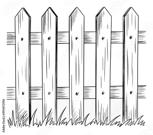 Hand-drawn of a wooden picket fence with grass
