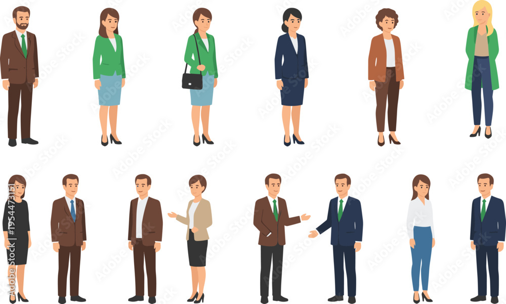 Fototapeta premium Diverse business professional character set featuring men and women in smart casual attire standing and talking isolated on white background.