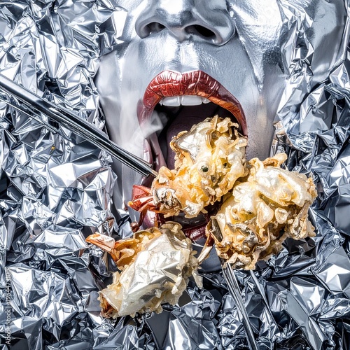 A silver-skinned android, mouth agape, consumes steaming, oil-infused prawn tempura directly from a chaotic sea of crumpled foil, using twin black steel chopsticks.