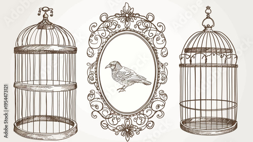 Sketch illustration of two birdcages and a bird in an ornate oval frame
