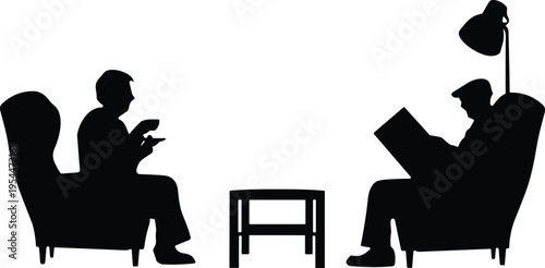 Psychotherapy counseling session silhouette with therapist and patient sitting in armchairs, mental health consultation concept, psychology treatment illustration for therapy, support and discussion