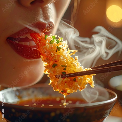 A hyper-realistic macro shot capturing a sensual, honey-drizzled tempura shrimp being eaten. The crispy texture contrasts vividly with glossy, wet lips.