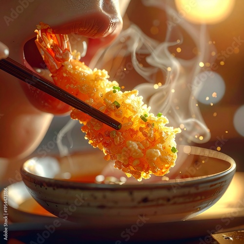 A hyper-realistic macro shot capturing a sensual, honey-drizzled tempura shrimp being eaten. The crispy texture contrasts vividly with glossy, wet lips.
