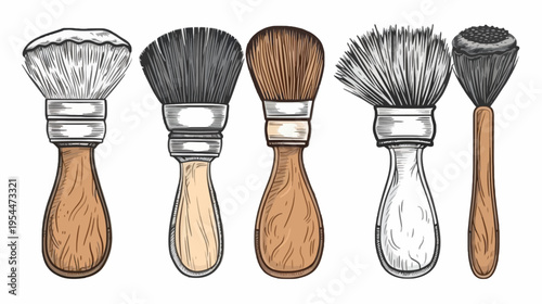 Stylized array of shaving brushes with wooden handles and various bristle colors