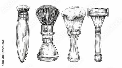 Monochrome sketch of four shaving brushes/razors with detailed textures, placed on white