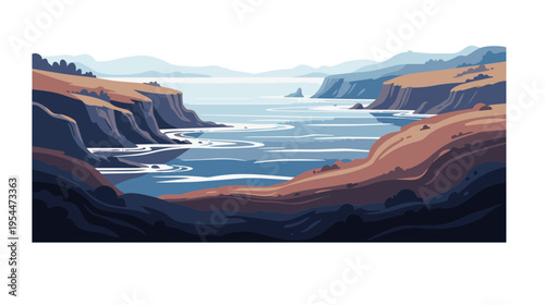 A serene landscape illustration of rugged coastline cliffs overlooking ocean waves.