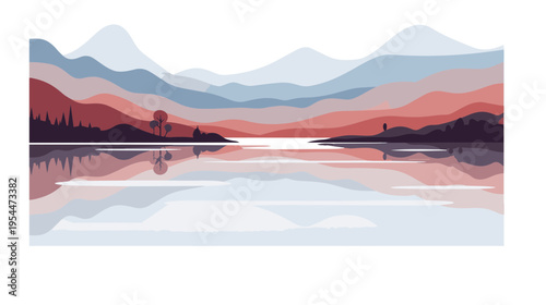 Serene landscape with mountains and lake reflecting colorful sky