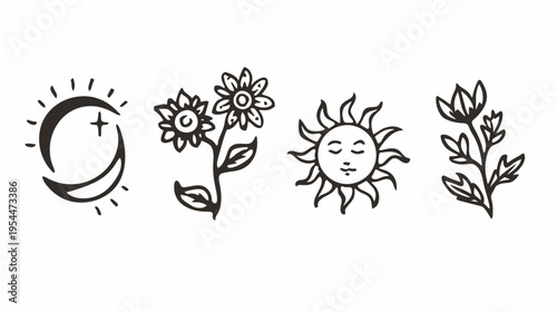 Four simplistic illustrations, crescent moon with star, flowers, sun-face, & floral branch
