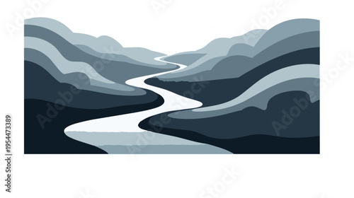 Winding river flows through mountainous landscape with rolling hills and valleys