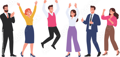 Diverse professional business team celebrating achievement jumping for joy and clapping isolated on white background flat vector illustration.