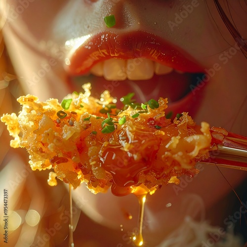 A hyper-realistic macro shot capturing a sensual, honey-drizzled tempura shrimp being eaten. The crispy texture contrasts vividly with glossy, wet lips.