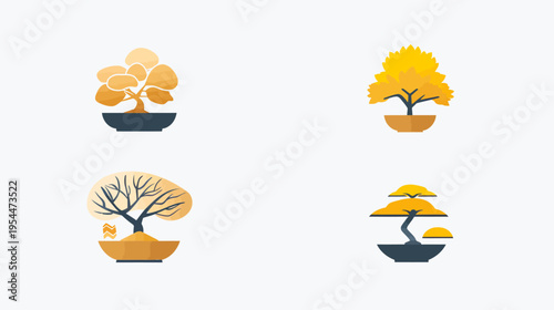 Four minimalist bonsai trees in pots, stylized in shades of yellow and brown on white