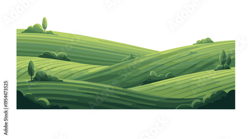 A serene landscape of rolling green hills with trees and fields stretches far and wide.