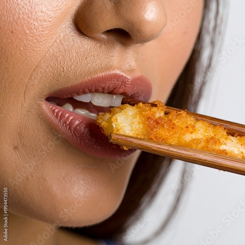 A detailed close-up shot of a woman with pinkish lips about to take a bite of a golden, crispy, deep-fried breaded snack held by wooden chopsticks